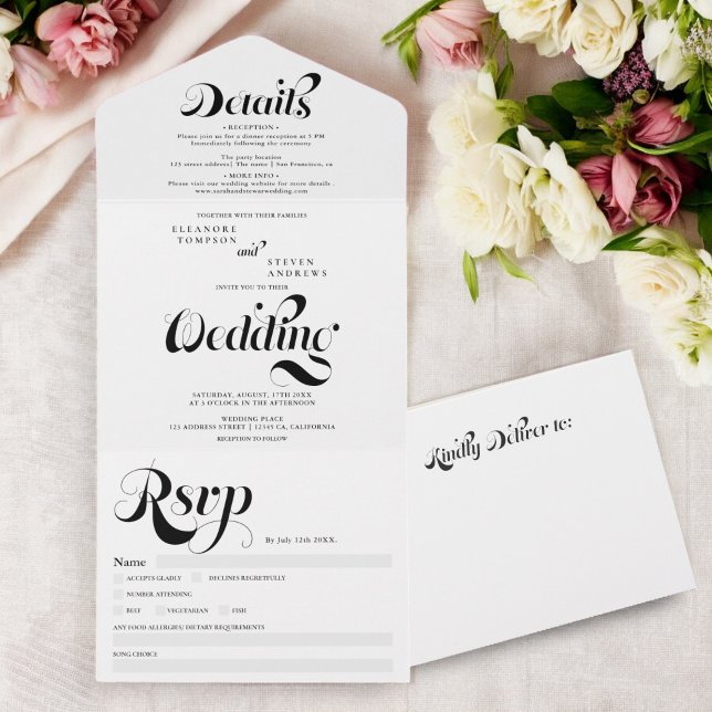 Invitation Tout En Un Noir noir simple rétro marié chic (Retro simple black white script chic wedding all in one invitation)