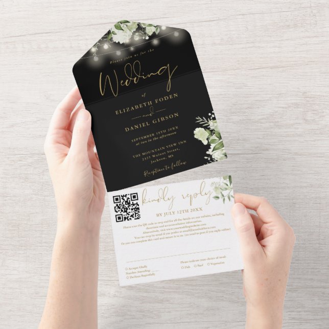 Invitation Tout En Un Noir or Vert String lumières QR Code Mariage (Déchirure)