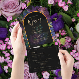 Invitation Tout En Un Noir Peacock Jewel Tones Floral Mariage