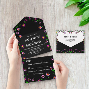 Invitation Tout En Un Noir Rustique coloré Rose Boho Mariage Floral