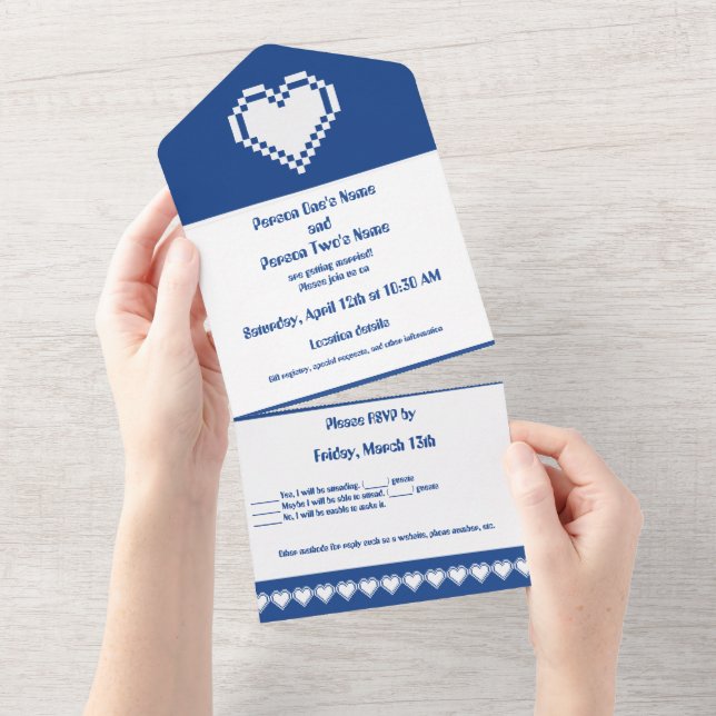 Invitation Tout En Un Nos cœurs 8 bits en bleu (Déchirure)
