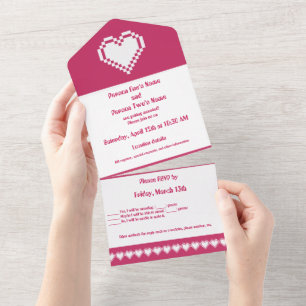 Invitation Tout En Un Nos Coeurs 8 bits en framboise
