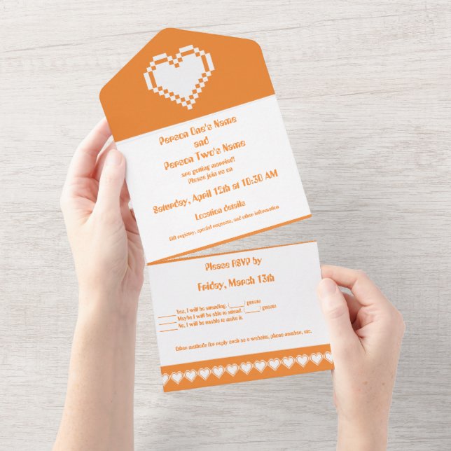 Invitation Tout En Un Nos cœurs 8 bits en orange (Déchirure)