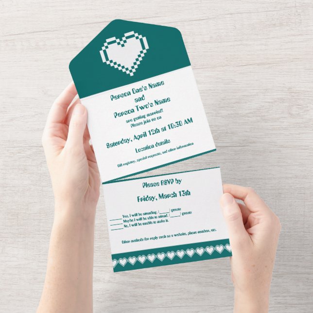 Invitation Tout En Un Nos Coeurs 8 bits en Turquoise (Déchirure)