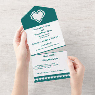 Invitation Tout En Un Nos Coeurs 8 bits en Turquoise