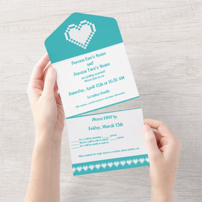 Invitation Tout En Un Nos Coeurs 8 bits en Turquoise (Déchirure)