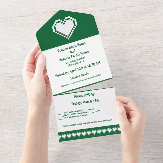 Invitation Tout En Un Nos cœurs 8 bits en vert (Déchirure)