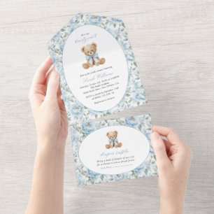 Invitation Tout En Un Nounours en peluche, Nœud bleu, Fleurs bleues, Bab