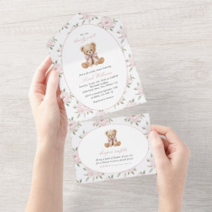 Invitation Tout En Un Nounours en peluche, Nœud rose, Fleurs roses, Baby