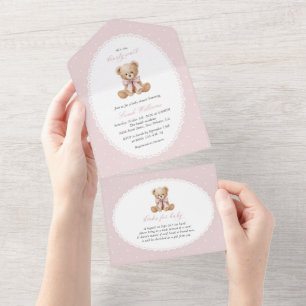 Invitation Tout En Un Nounours en peluche, Nœud rose, Points roses, Baby