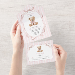 Invitation Tout En Un Nounours en peluche, Nœud rose, Rayures roses, Pre