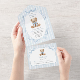 Invitation Tout En Un Nounours, Nœud Bleu, Rayures Bleues, Premier Anniv