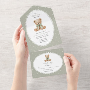 Invitation Tout En Un Nounours, Nœud, Petits pois verts, Premier anniver