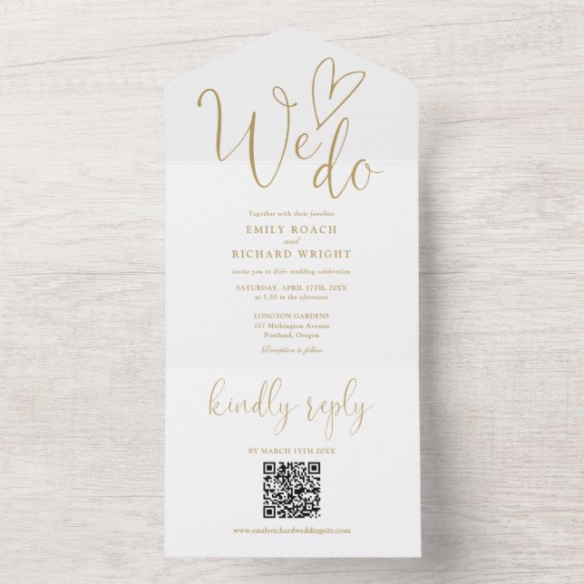 Invitation Tout En Un Nous aimons Coeur QR Code Chic Mariage Or (À l'intérieur)