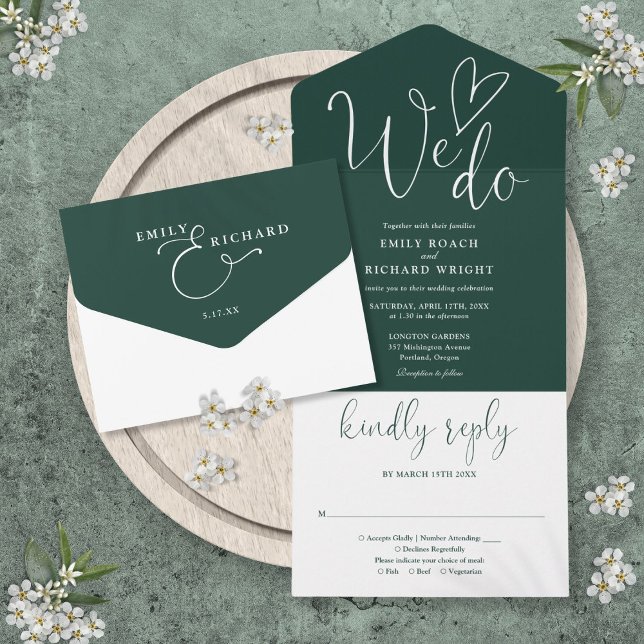 Invitation Tout En Un Nous aimons Coeur Script Emerald Green Mariage (We Do Love Heart Script Emerald Green Wedding All In One Invitation)