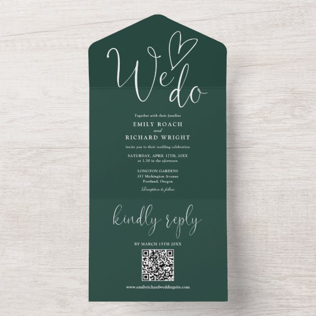 Invitation Tout En Un Nous aimons le code QR de mariage vert émeraude (À l'intérieur)