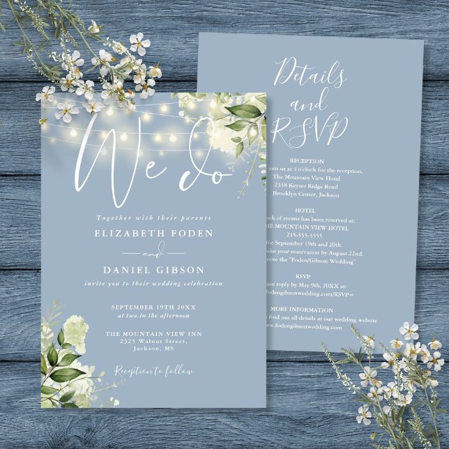 Invitation Tout En Un Nous Faisons Floral Lumières Dusty Blue (All In One We Do Floral Lights Dusty Blue Wedding Invitation)