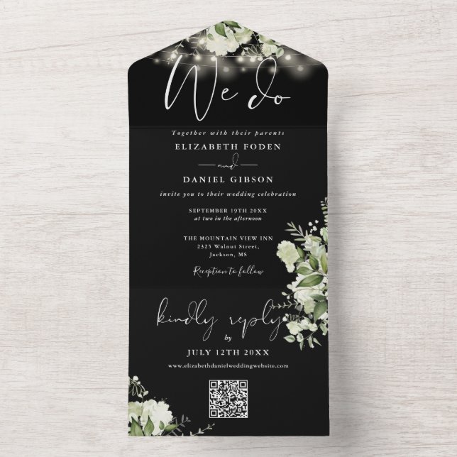 Invitation Tout En Un Nous faisons Verdure String Lights QR Code Mariage (À l'intérieur)