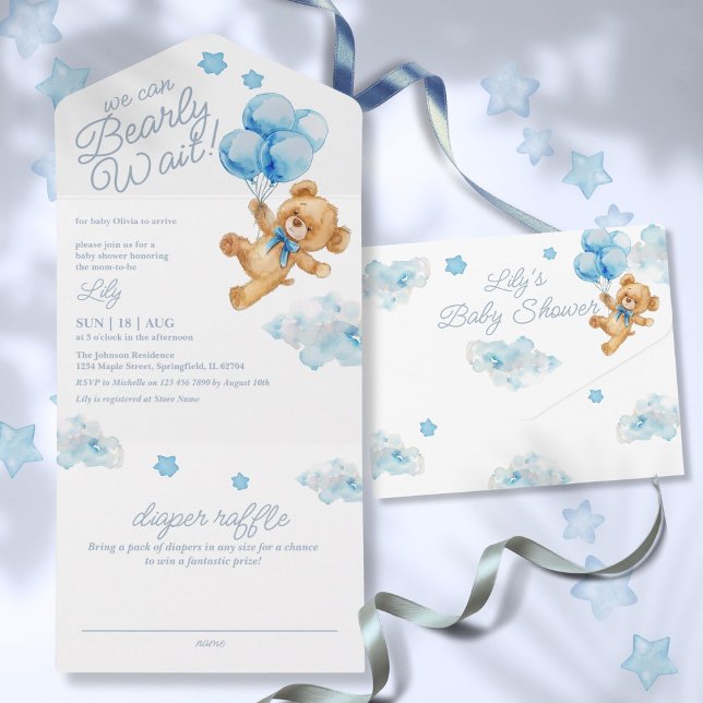 Invitation Tout En Un Nous pouvons à peine attendre Ourson en bleu Fête  (We Can Bearly Wait Teddy Bear Blue Baby Shower All In One Invitation)