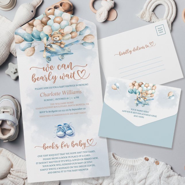 Invitation Tout En Un Nous Pouvons Attendre Bleu Ballons Teddy Bear (We can bearly wait with a perforated diaper raffle card, baby shower invitation, blue balloons)