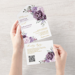Invitation Tout En Un Nuances de Dusty pourpre fleurit or Floral Mariage