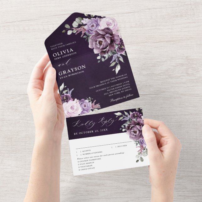 Invitation Tout En Un Nuances de pourpre Dusty fleurs Moody Floral Maria (Déchirure)