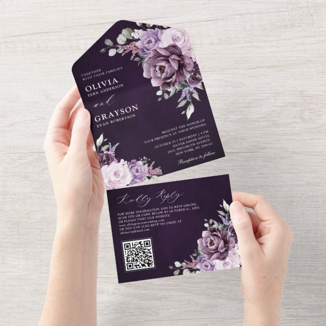 Invitation Tout En Un Nuances de pourpre Dusty fleurs Moody Floral Maria (Déchirure)