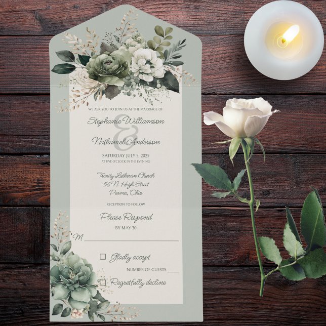 Invitation Tout En Un Nuances de Sage Green Floral (Also available with QR code. )