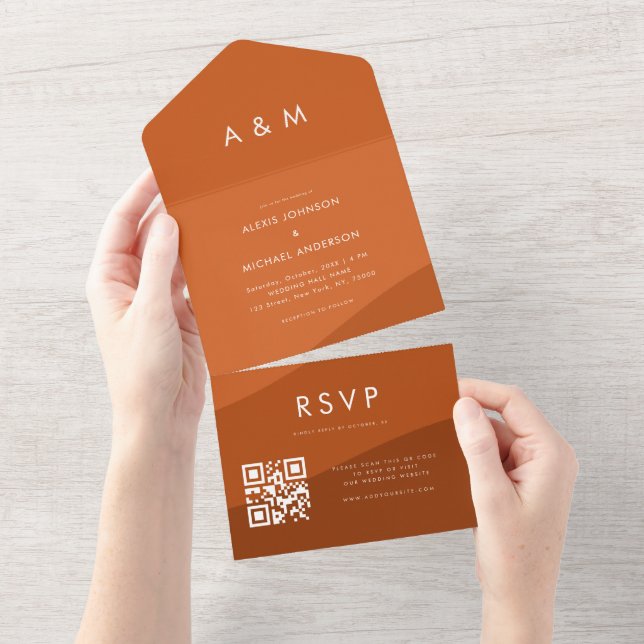 Invitation Tout En Un Nuances de terre cuite Boho Vagues Qr Code Site We (Déchirure)