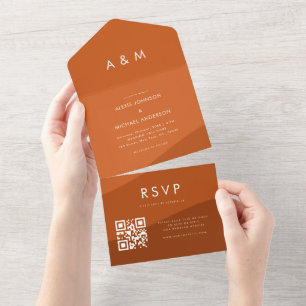 Invitation Tout En Un Nuances de terre cuite Boho Vagues Qr Code Site We