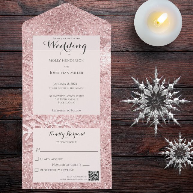Invitation Tout En Un Nuances modernes de rose et mauve Snowflake QR Cod (Also available without a QR code. )