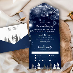 Invitation Tout En Un Nuit Bleue de Noël Forêt de Pins Mariage