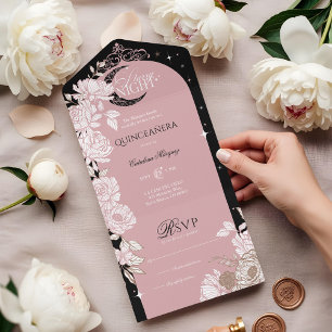 Invitation Tout En Un Nuit étoile Quinceanera Floral Céleste Lune