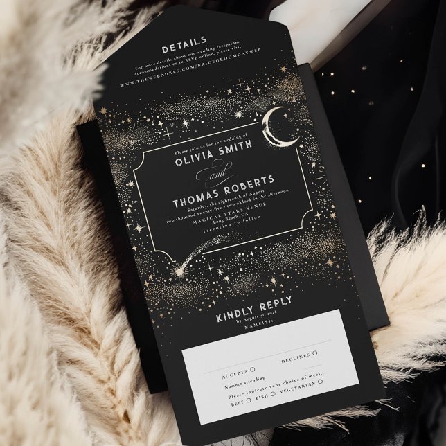 Invitation Tout En Un Nuit Sky Stars Celestial Mystical Black Mariage (Celestial Black Starry Night All In One Wedding Invitation)