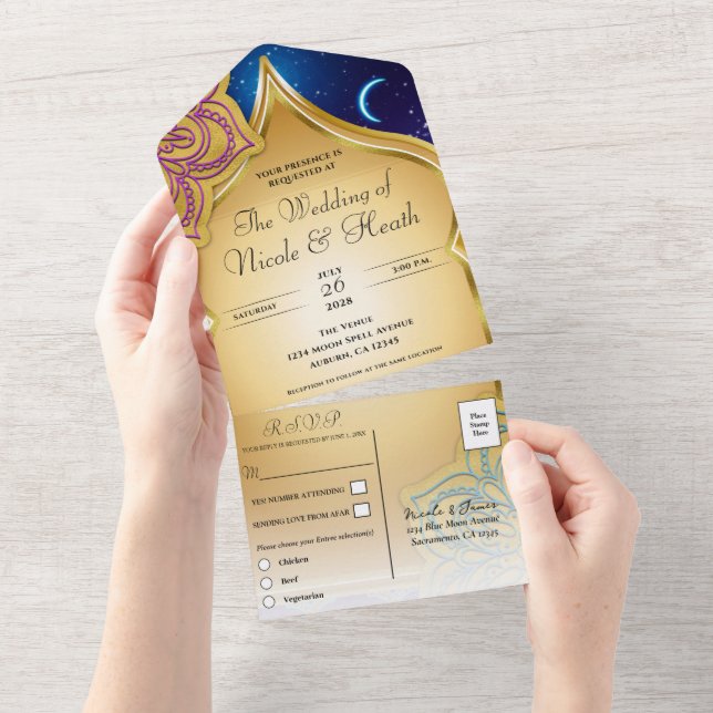 Invitation Tout En Un Nuits arabes de lune bleue Glam Or Violet Mariage (Déchirure)