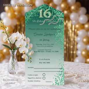 Invitation Tout En Un Numéro de calligraphie à paillettes vertes Sweet 1