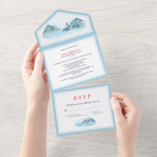 Invitation Tout En Un Ocean Mountain Lighthouse Blue Watercolor Mariage