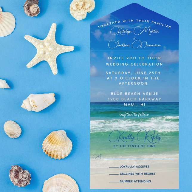 Invitation Tout En Un Ocean Waves Photo Chic Tropical Beach Mariage bleu (Créateur téléchargé)