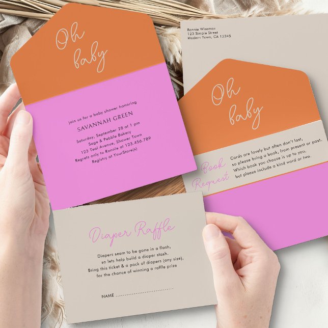 Invitation Tout En Un Oh Baby rose Orange Livres Diapers et Baby shower (Oh Baby Baby Shower Invitation asking for diapers and books from my Tricolor Baby Shower Collection)