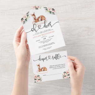 Invitation Tout En Un Oh Deer Baby shower aquarelle Floral