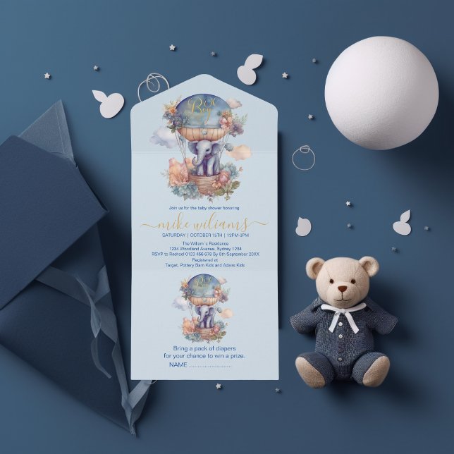 Invitation Tout En Un Oh garçon bleu aquarelle baby shower d'éléphant (Créateur téléchargé)