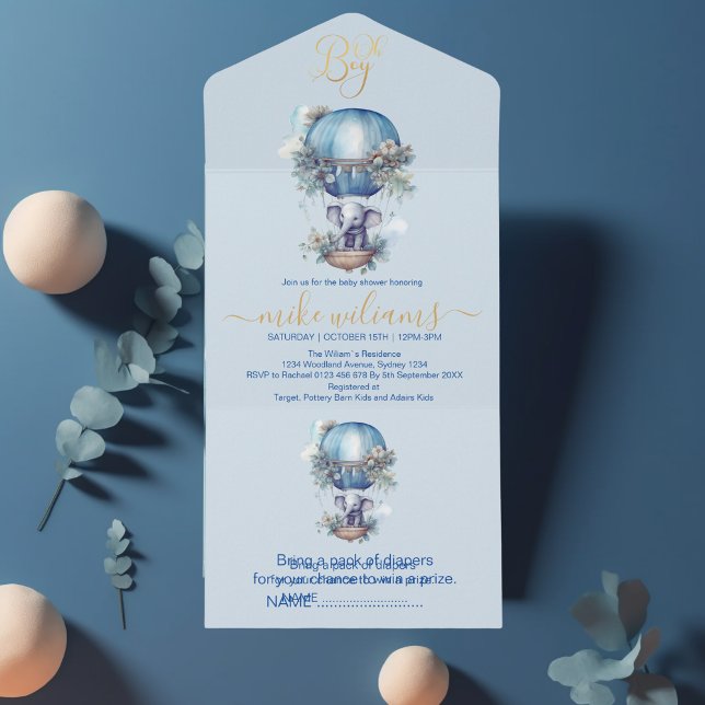 Invitation Tout En Un Oh garçon bleu aquarelle baby shower d'éléphant (Créateur téléchargé)