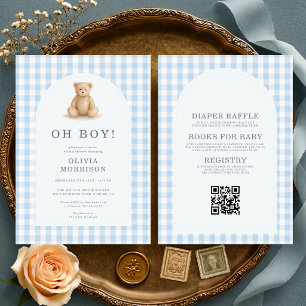 Invitation Tout en Un Oh Garçon Ours Bleu Gingham Baby Shower