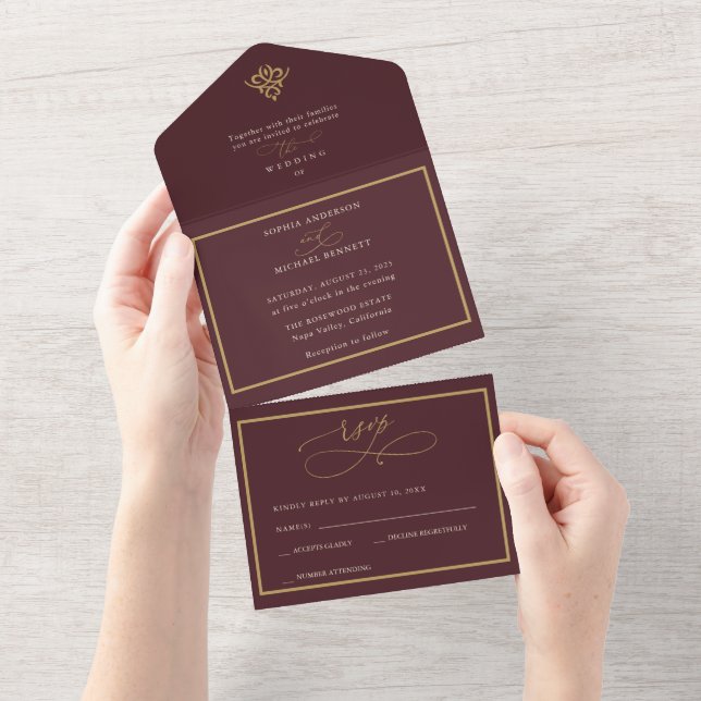 Invitation Tout En Un Old Money Burgundy Wedding (Déchirure)