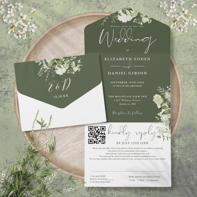 Invitation Tout En Un Olive Green Floral Monogramme QR Code Mariage (Olive Green Floral Monogram QR Code Wedding All In One Invitation)