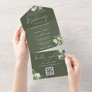 Invitation Tout En Un Olive Green Floral QR Code Mariage officiel