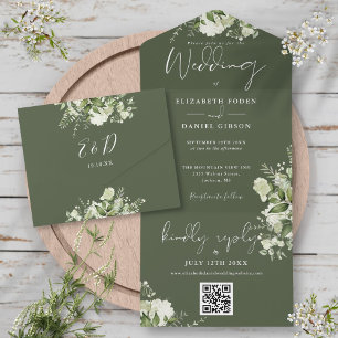 Invitation Tout En Un Olive Green Floral QR Code Monogramme Mariage