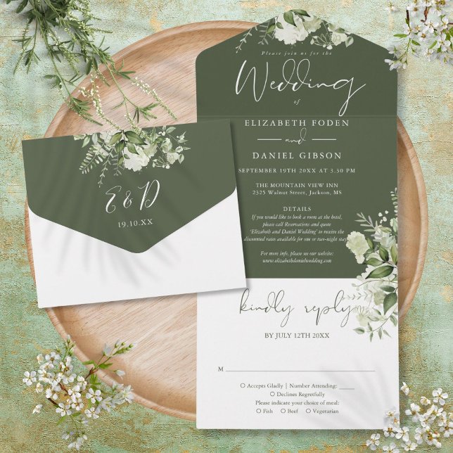 Invitation Tout En Un Olive Green Greenery Détails Floral RSVP Mariage (Olive Green Greenery Floral Details RSVP Wedding All In One Invitation)