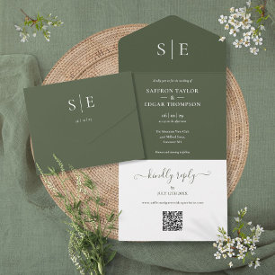 Invitation Tout En Un Olive Green Monogramme QR Code Mariage