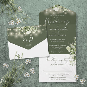 Invitation Tout En Un Olive Green String Lights Verdure Floral Mariage